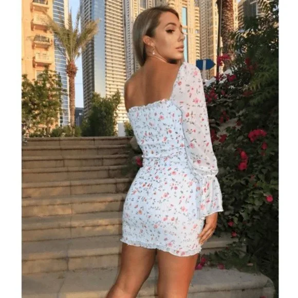 Floral Print Ruched Shirred Long Sleeve Square Neck Bodycon Mini Dress - Picture 3 of 8